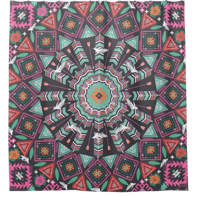 Aztec Geometric: Colorful Circle Pattern Shower Curtain (Front)