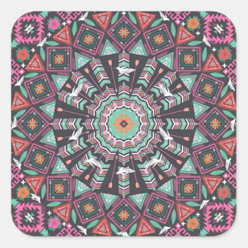 Aztec Geometric Colorful Circle Pattern Square Sticker