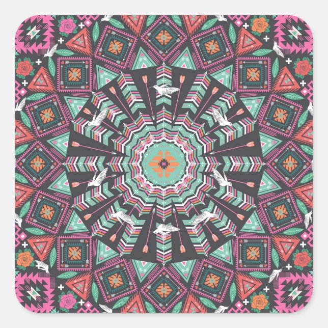 Aztec Geometric: Colorful Circle Pattern Square Sticker (Front)