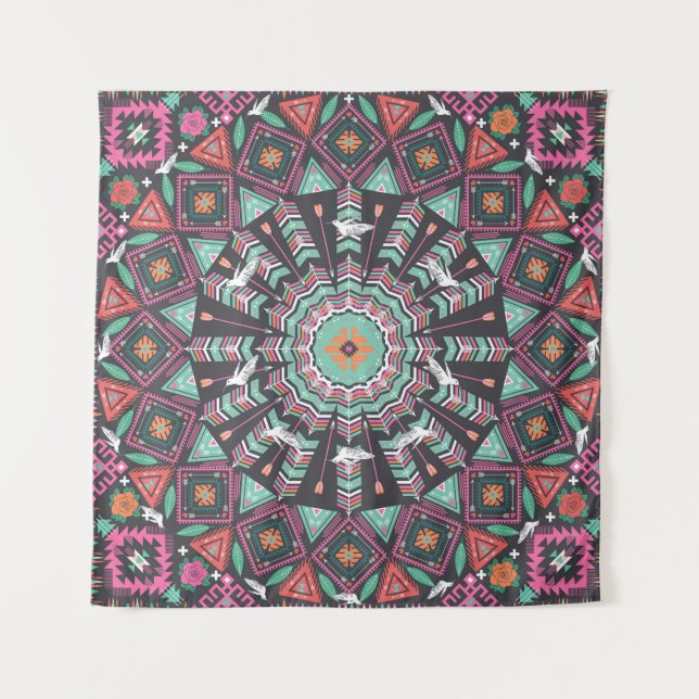 Aztec Geometric: Colorful Circle Pattern Tapestry (Front)