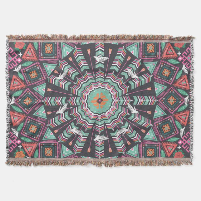 Aztec Geometric: Colorful Circle Pattern Throw Blanket (Front)