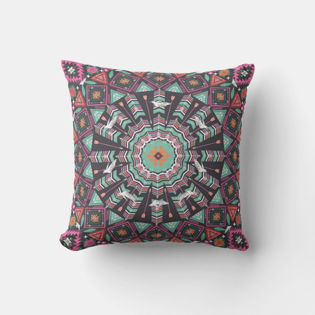 Aztec Geometric: Colorful Circle Pattern Throw Pillow (Front)