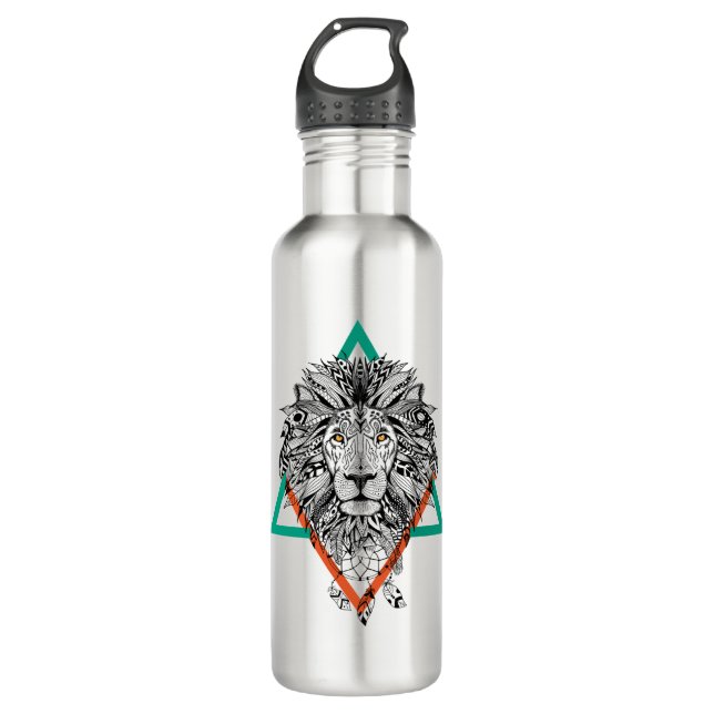 Aztec Geometric Lion Portrait Stainless Steel Water Bottle (Front)