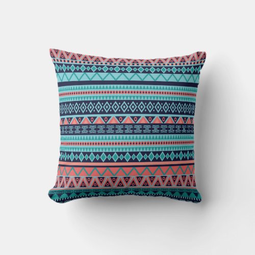 Aztec Geometric Tribal Pattern Coral Navy Blue Throw Pillow