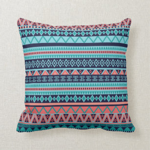 Aztec Geometric Tribal Pattern Coral Navy Blue Throw Pillow