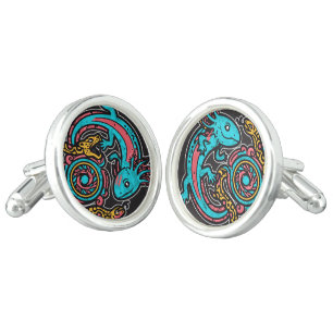 Aztec God Xolotl Fighting Jaguar Battle Tribal Art Cufflinks