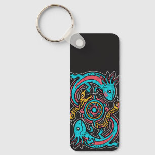 Aztec God Xolotl Fighting Jaguar Battle Tribal Art Keychain