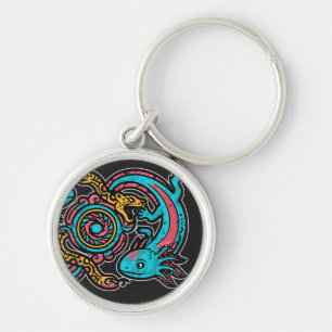 Aztec God Xolotl Fighting Jaguar Battle Tribal Art Keychain