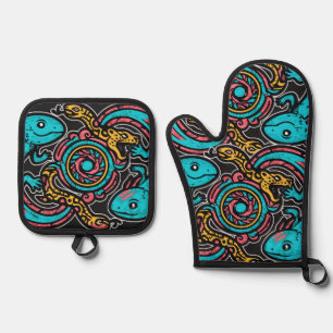 Aztec God Xolotl Fighting Jaguar Battle Tribal Art Oven Mitt & Pot Holder Set