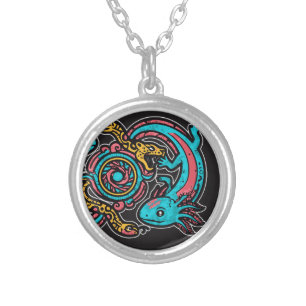 Aztec God Xolotl Fighting Jaguar Battle Tribal Art Silver Plated Necklace