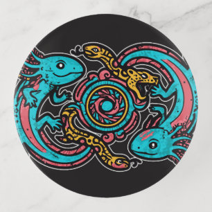 Aztec God Xolotl Fighting Jaguar Battle Tribal Art Trinket Tray