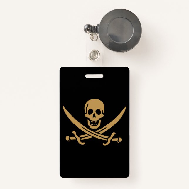 Aztec Gold Skull & Cutlass Pirate Calico Jack Badge (Front with Retractable)