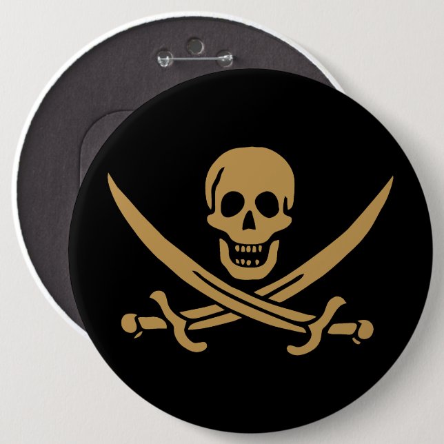 Aztec Gold Skull & Cutlass Pirate Calico Jack Button (Front & Back)