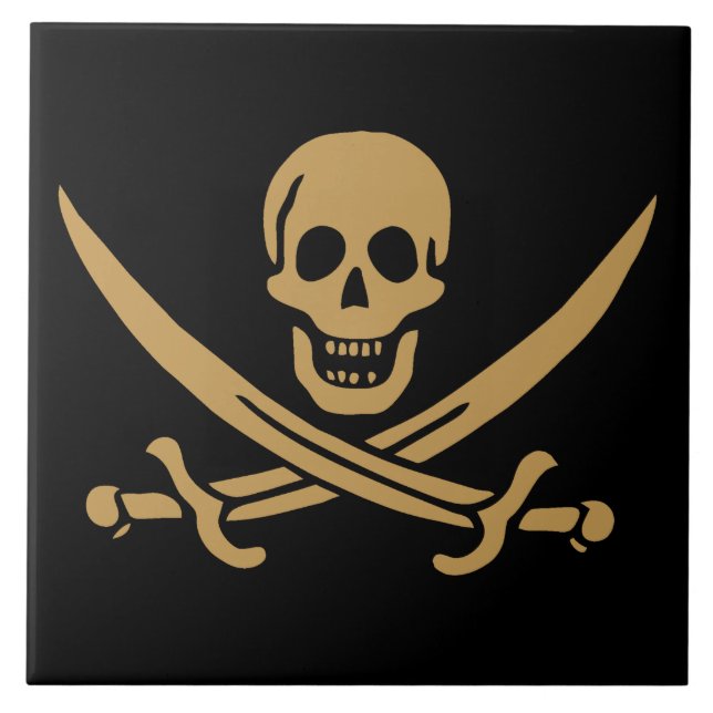Aztec Gold Skull & Cutlass Pirate Calico Jack Ceramic Tile (Front)
