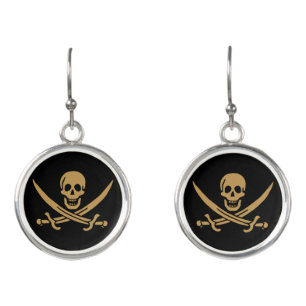 Aztec Gold Skull & Cutlass Pirate Calico Jack Earrings