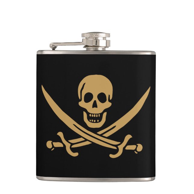 Aztec Gold Skull & Cutlass Pirate Calico Jack Flask (Front)