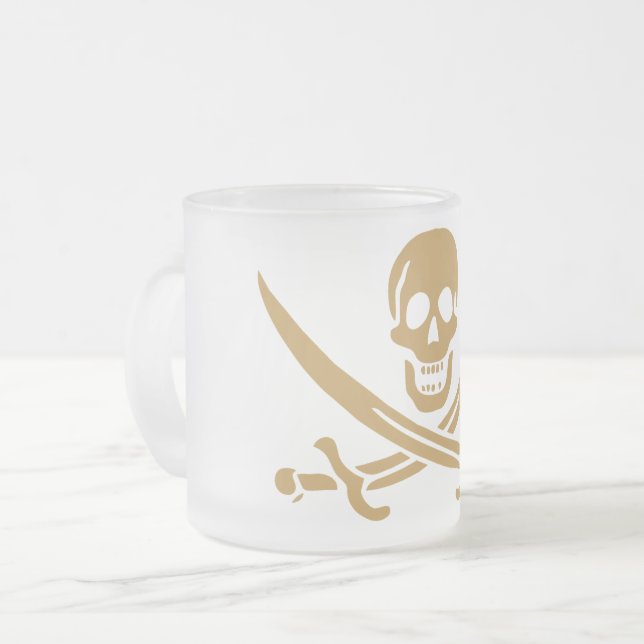 Aztec Gold Skull & Cutlass Pirate Calico Jack Frosted Glass Coffee Mug (Front Left)