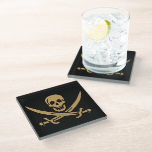 Aztec Gold Skull & Cutlass Pirate Calico Jack Glass Coaster