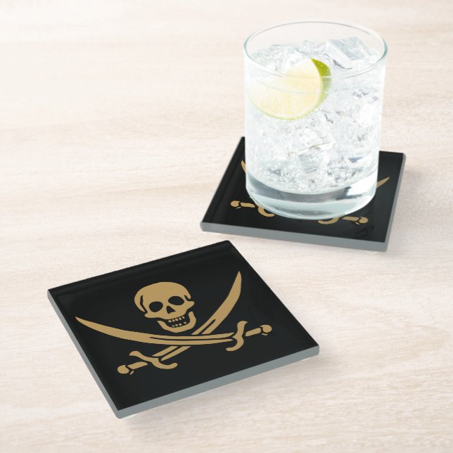 Aztec Gold Skull & Cutlass Pirate Calico Jack Glass Coaster (Angled)