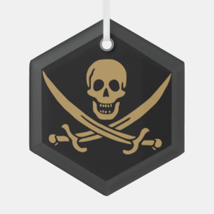 Aztec Gold Skull & Cutlass Pirate Calico Jack Glass Ornament