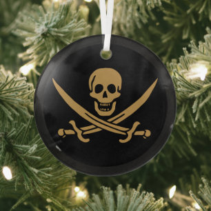 Aztec Gold Skull & Cutlass Pirate Calico Jack Glass Ornament