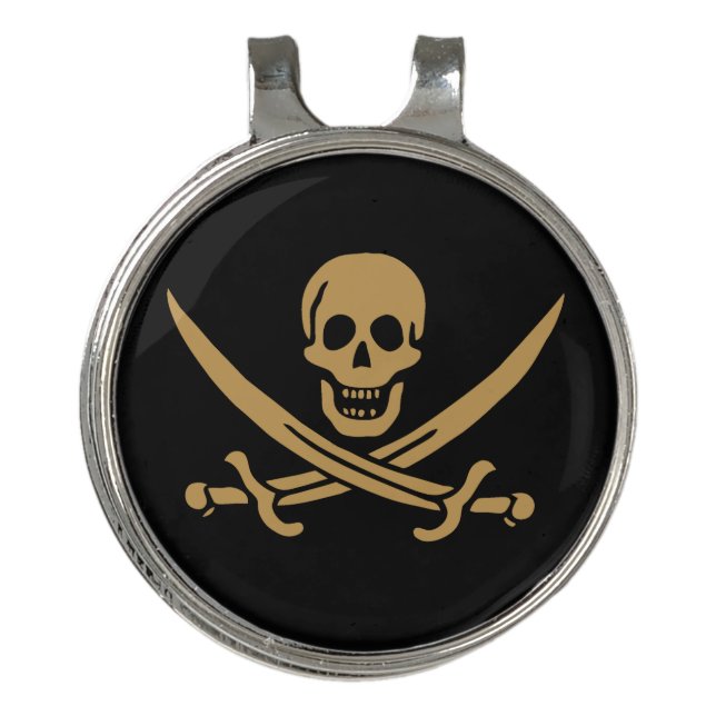 Aztec Gold Skull & Cutlass Pirate Calico Jack Golf Hat Clip (Front)