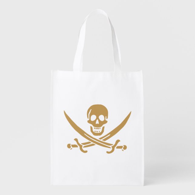 Aztec Gold Skull & Cutlass Pirate Calico Jack Grocery Bag (Front)