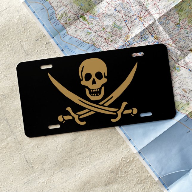 Aztec Gold Skull & Cutlass Pirate Calico Jack License Plate (In Situ)