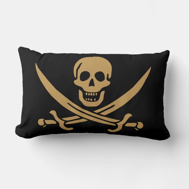 Aztec Gold Skull & Cutlass Pirate Calico Jack Lumbar Pillow (Front)