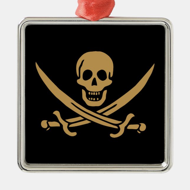 Aztec Gold Skull & Cutlass Pirate Calico Jack Metal Ornament (Front)