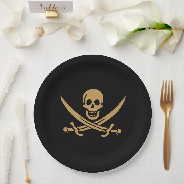 Aztec Gold Skull & Cutlass Pirate Calico Jack Paper Plates (Wedding)