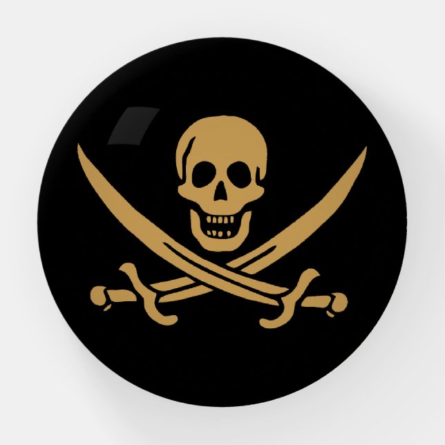 Aztec Gold Skull & Cutlass Pirate Calico Jack Paperweight (Front)