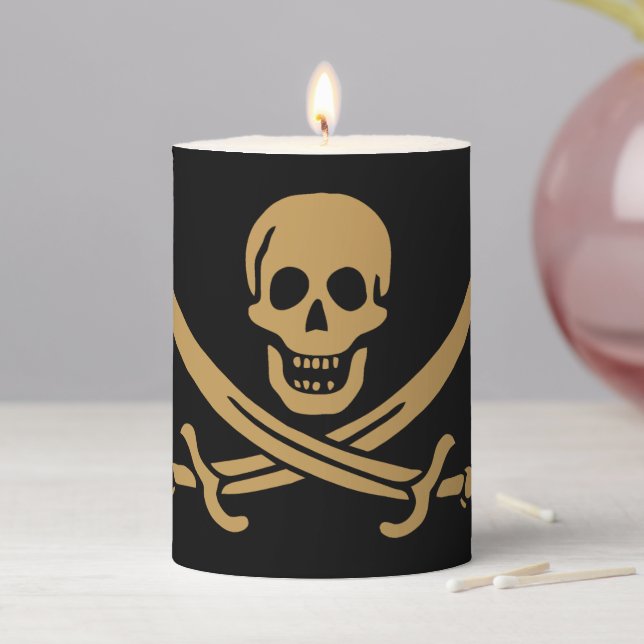 Aztec Gold Skull & Cutlass Pirate Calico Jack Pillar Candle (In Situ)