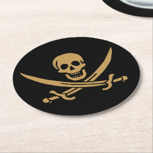 Aztec Gold Skull & Cutlass Pirate Calico Jack Round Paper Coaster