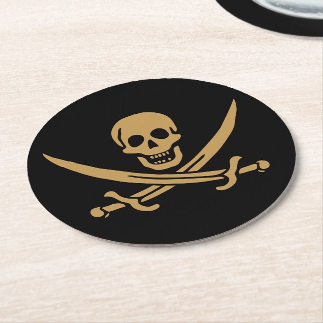 Aztec Gold Skull & Cutlass Pirate Calico Jack Round Paper Coaster (Angled)