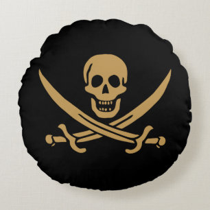 Aztec Gold Skull & Cutlass Pirate Calico Jack Round Pillow