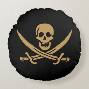 Aztec Gold Skull & Cutlass Pirate Calico Jack Round Pillow