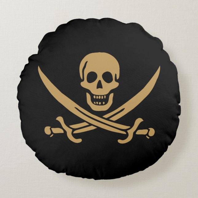 Aztec Gold Skull & Cutlass Pirate Calico Jack Round Pillow (Front)
