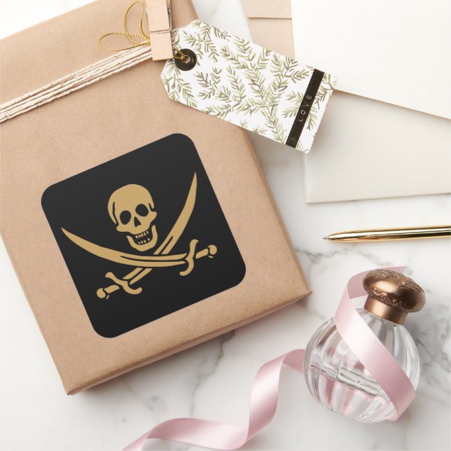 Aztec Gold Skull & Cutlass Pirate Calico Jack Square Sticker (Gifting)