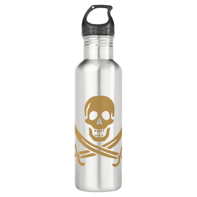 Aztec Gold Skull & Cutlass Pirate Calico Jack Stainless Steel Water Bottle (Front)