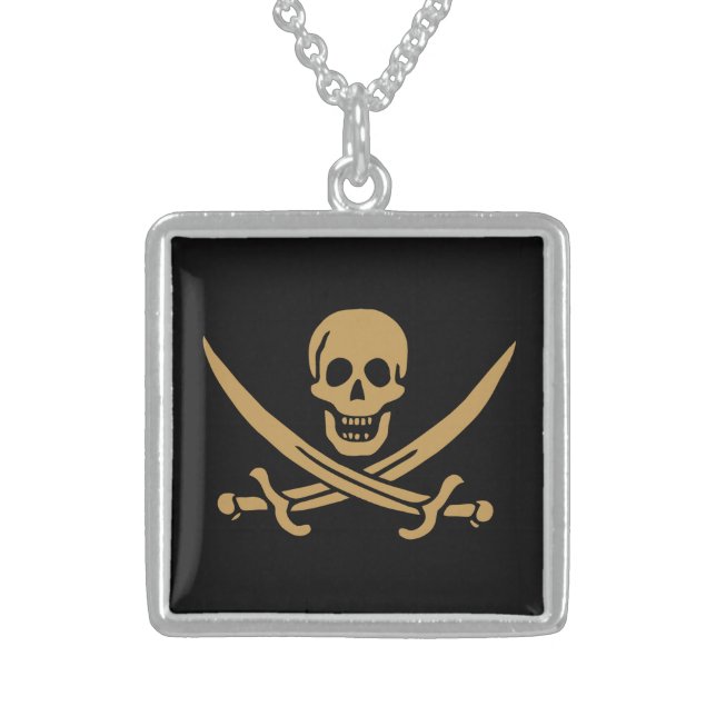 Aztec Gold Skull & Cutlass Pirate Calico Jack Sterling Silver Necklace (Front)