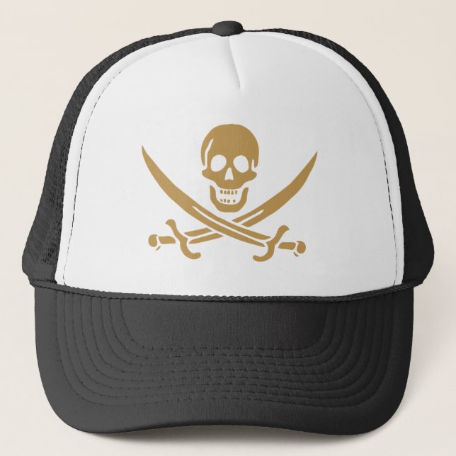 Aztec Gold Skull & Cutlass Pirate Calico Jack Trucker Hat (Front)