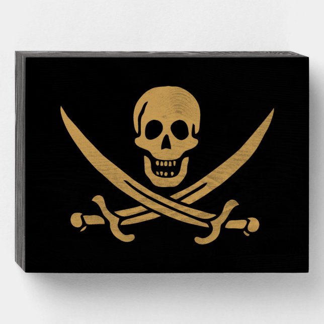 Aztec Gold Skull & Cutlass Pirate Calico Jack Wooden Box Sign (Front Horizontal)