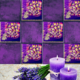 Aztec Golden & Purple Mexican Boho Wooden Box Sign Ceramic Tile