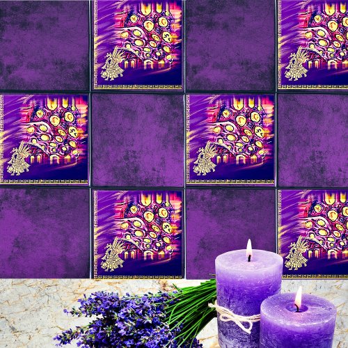 Aztec Golden  Purple Mexican Boho Wooden Box Sign Ceramic Tile