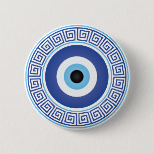 Aztec Greek Circle Key Evil Eye Blue White Button
