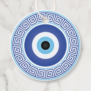 Aztec Greek Circle Key Evil Eye Blue White Favor Tags