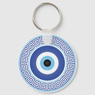 Aztec Greek Circle Key Evil Eye Blue White Keychain