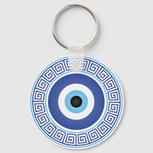 Aztec Greek Circle Key Evil Eye Blue White Keychain