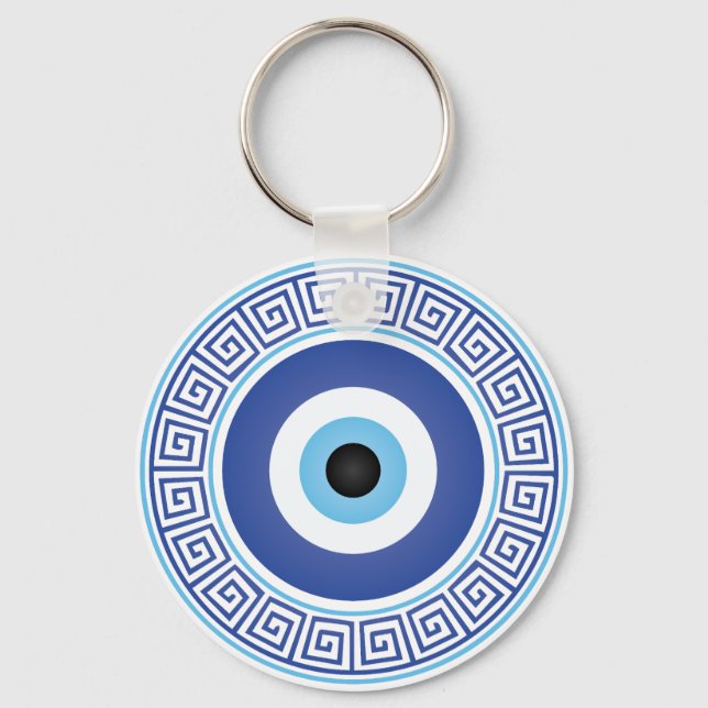 Aztec Greek Circle Key Evil Eye Blue White Keychain (Front)